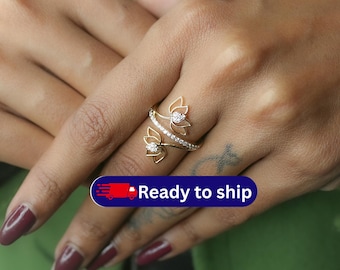 14k Gold Diamond Lotus Flower Ring, Floral Wrap, Handmade