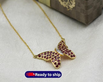 Handmade 14k Gold Ruby Diamond Butterfly Pendant Necklace