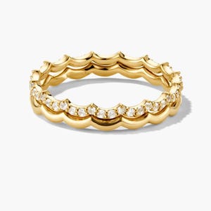 Ensemble de bagues en or massif 14 carats avec diamants ondulés, alliance incurvée pour elle, délicate bague d'anniversaire empilable, alliance en diamants véritables
