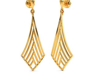 14k Solid Gold Dangle Earrings, Geometric Art Deco Style