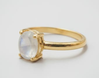 Oval Moonstone Engagement Ring, 14k Yellow Gold, Minimalist Fine Jewelry