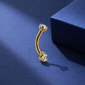 14 kt gouden lab-gegroeide diamant piercing met dubbele kogel, gebogen staafje met intern schroefdraad, nauwsluitende navelring wenkbrauwconch 14 g