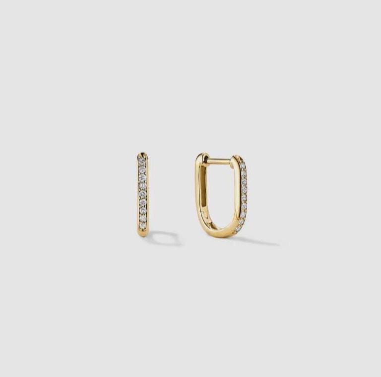 14k Gold Diamond Huggie Earrings, U-Shape Pave Hoops