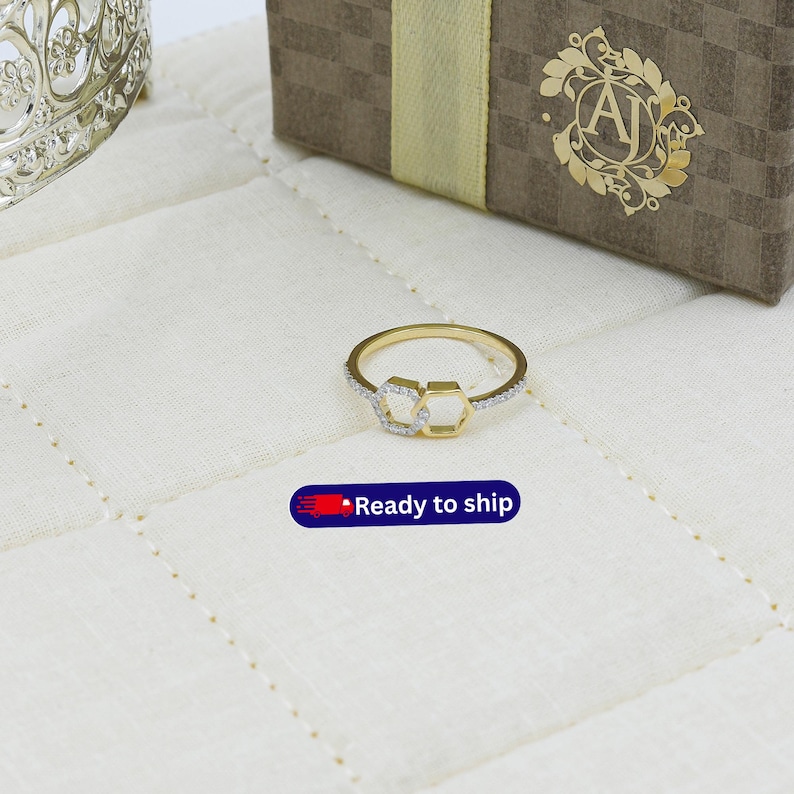14K Yellow Gold Hexagon Diamond Ring, Modern Geometric Band, Minimalist Jewelry image 1