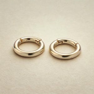May include: Two gold-colored, circular earrings with a hinged clasp. The earrings are thick and have a polished, reflective surface. The background is a neutral, light beige color.
