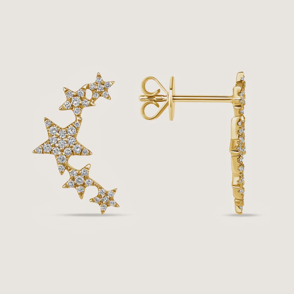 14k Gold Diamond Star Ear Climber, Pavé Crawler Earring, Handmade Jewelry