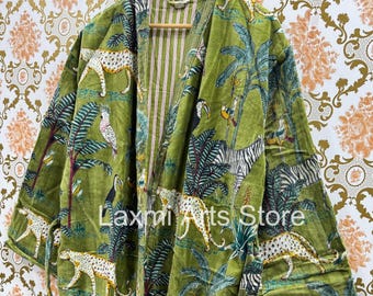 Green Velvet Kimono Robe: Jungle Print Cotton Velvet Jacket