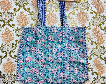 Women Shoulder Cotton Tote Bags Block Print Quilted Purses