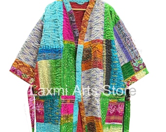 Silk Patchwork Kantha Quilted Jacket, Hand Stitched Cotton Robe