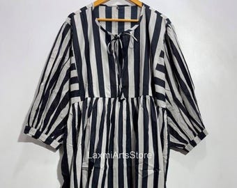 Strip Print Handmade Cotton Midi Dress: Bohemian Summer Tunic Dress