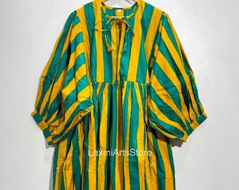 Strip Print Handmade Cotton Midi Dress: Bohemian Summer Tunic Dress