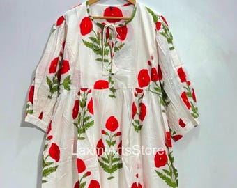 Hand Block Print Cotton Midi Dress - Red Floral Indian Summer Dress