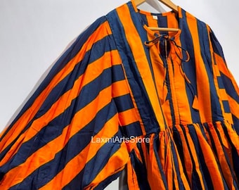 Handmade Summer Cotton Dress – Striped Print Long Sleeve Casual Wear Dress