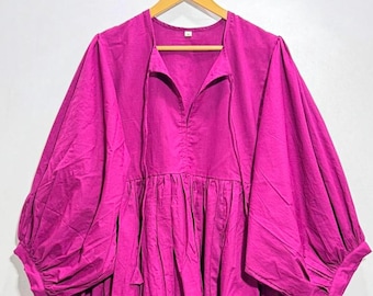 Fuchsia Cotton Gauze Maxi Dress: Boho Puffy Sleeve Tiered Dress