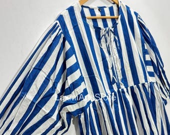 Handmade Cotton Gauze Midi Dress – Blue Stripe Summer Wear