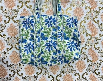 Block Print Cotton Tote Bags Womens Shoulder Quilted Purses