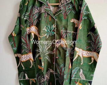 100% Cotton Jungle Print Pajama Set Indian Print Night Suit Soft Breathable Sleepwear