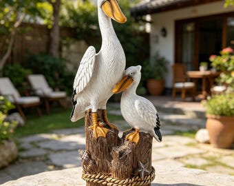 Coastal Pelican Pair Statue, Nautical Yard Decor, Beach House Ornament, Resin Figurine