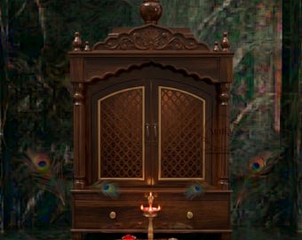 Handcrafted Mango Wood Temple for Home, Large Wooden Mandir with Storage Drawers & Jali Doors, Traditional Indian Pooja Ghar Altar Cabinet