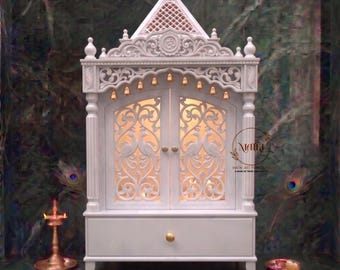 Handmade Wooden Temple for Home | Hand Carved White Mandir with LED Lights & Bells