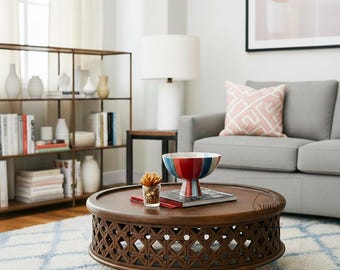 Hand-Carved Mango Wood Coffee Table: Moroccan Geometric Design