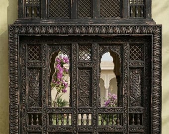 Hand-Carved Black Mango Wood Jharokha Window Frame – Large Distressed Wall Decor Mirror Frame
