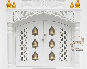 Handcarved Mango Wood Hindu Mandir for Home – Large Puja Temple with Bells & Storage Drawers