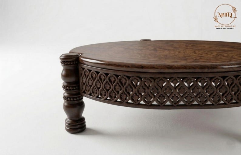 Hand-Carved Round Mango Wood Coffee Table - 36" Large Circular Center Table image 6
