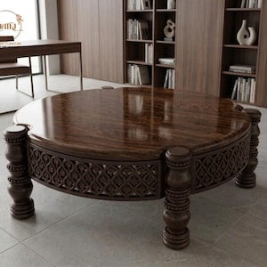 Hand-Carved Round Mango Wood Coffee Table - 36" Large Circular Center Table image 1