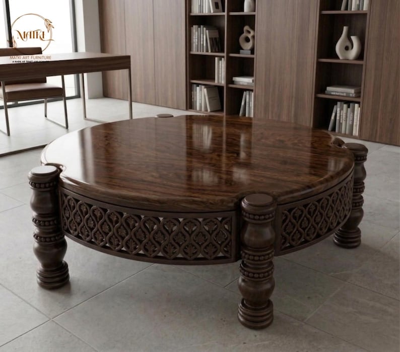 Hand-Carved Round Mango Wood Coffee Table - 36" Large Circular Center Table image 1