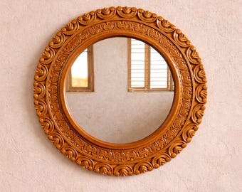 Specchio rotondo in legno di mango fatto a mano / Decorazione da parete intagliata a mano