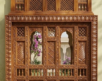 Hand-Carved Mango Wood Jharokha Window Frame – Large teak polish Wall Decor Mirror Frame