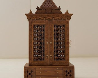 Hand-Carved Solid Mango Wood Hindu Temple – Intricate Jaali Work Home Mandir