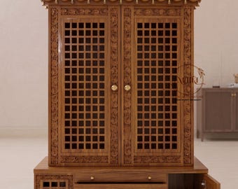 Handcrafted Solid Mango Wood Temple for Home - Large Pooja Mandir with Intricate