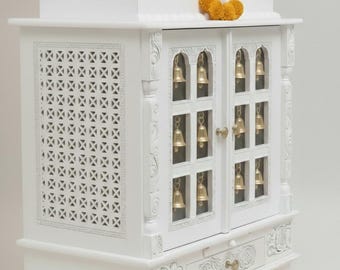 Handmade White Mango Wood Temple - Carved Pooja Mandir with Brass Bells and LED Light