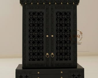 Handcrafted Mango Wood Puja Mandir with Intricate Jali Carving