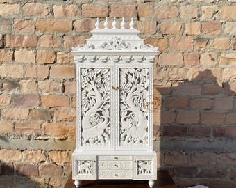 Templo de madera de mango blanca tallado a mano para el hogar - Árbol de la vida y elefante