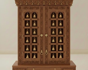 Solid Mango Wood Pooja Mandir | Large Hindu Temple with Brass Bells, with LED Light