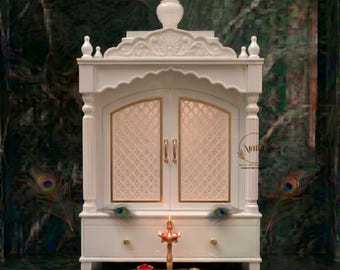 Handcrafted White Mango Wood Temple for Home | Hand Carved Wooden Mandir with Doors & Storage | Indian Puja Ghar Cabinet