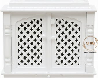 Handcrafted Mango Wood Puja Mandir | Traditional Indian Temple with Jali Doors, Storage Drawer