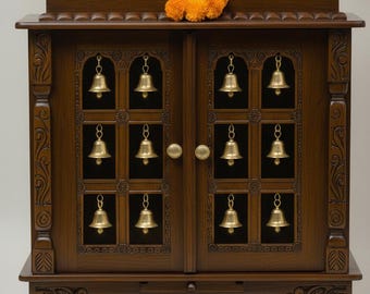 Hand-Carved White Mango Wood Temple with Brass Bells and LED Light