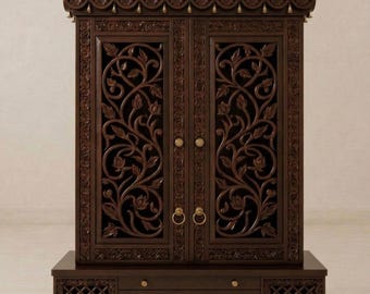 Hand-Carved Mango Wood Temple for Home – Large Hindu Puja Mandir with Doors