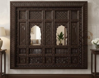 Pannello decorativo da parete Jharokha in legno di mango intagliato a mano – Pannello tradizionale indiano per cornice di finestra