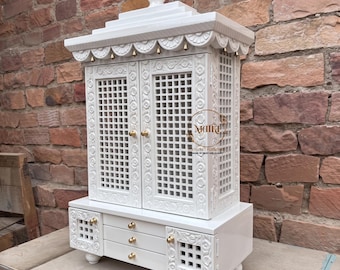 Handmade Mango Wood Temple for Home Hand Carved Wooden Mandir with Doors & 3 Drawers Pooja Ghar Ghar Mandir | Traditional Indian Art Mandir