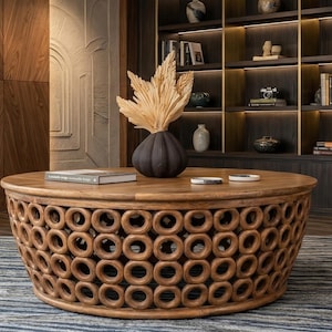 Mesa de centro redonda de madera de mango tallada a mano / Diseño circular orgánico moderno con recortes