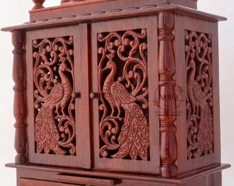 Handgemaakte Mangohouten Pooja Mandir voor thuis | Ingewikkelde met pauw gesneden houten tempel