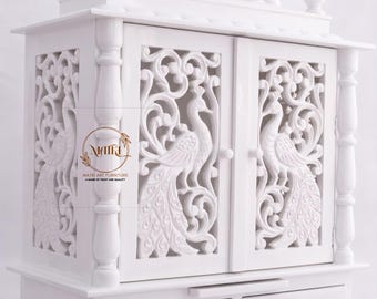 Handmade White Mango Wood Temple with Intricate Peacock Carving