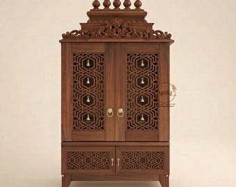 Handcrafted Mango Wood Pooja Mandir – Traditional Indian Temple with Brass Bells, LED Light