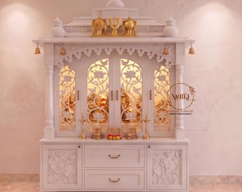 Large Mango Wood Temple for Home, Hand Carved Pooja Mandir with Storage Cabinets