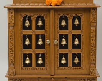 Hand-Carved White Mango Wood Temple with Brass Bells and LED Light